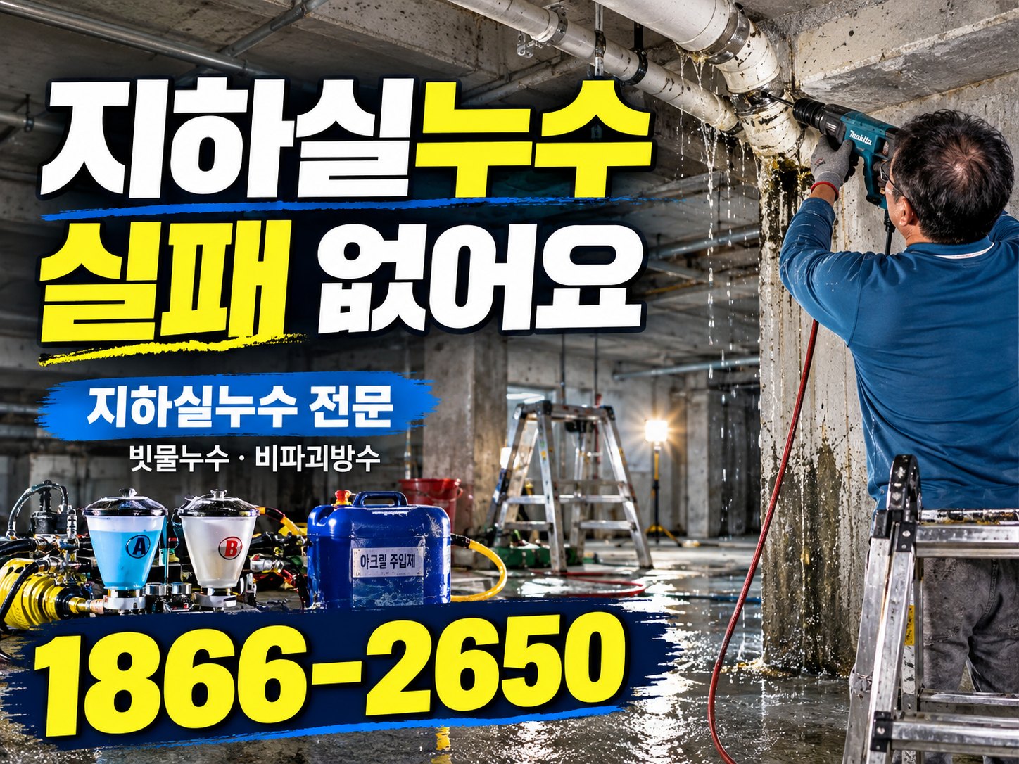 지하실누수 원인과 비용, 빗물누수 배면차수 아크릴 비파괴방수